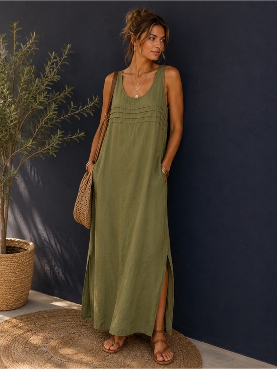 White Stag Dresses & Skirts - White Stag Linen Blend Olive Green Maxi Dress Large Cottagecore Lagenlook Boho